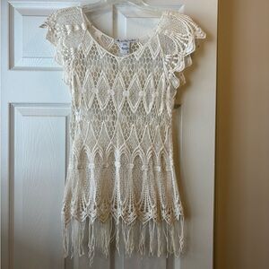 American Rag Cream Crochet Fringe Top